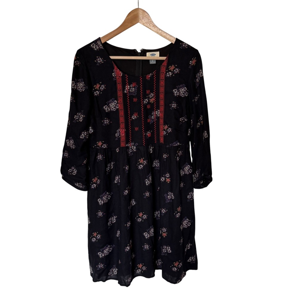 Old Navy Floral Embroidered Mini Dress Women Small Black good. Boho 3/4 Sleeve